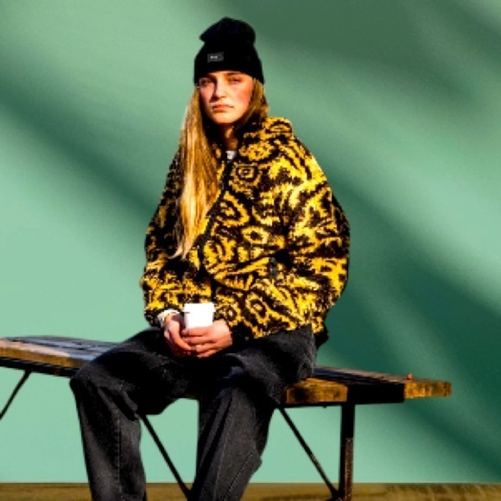 Yellow and Black Patterned Jacket with hoodie 100 % Wool UNIQUE